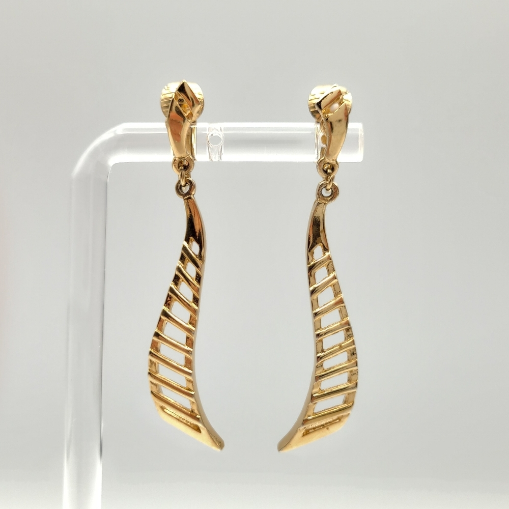 Vintage Gold Tone Dangle Earrings Clip-On Modern Curved Ladder Design